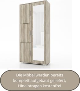 Garderobenschrank LUX 2, mit Spiegel und Fächern, Mehrzweckschrank, fertig aufgebaut, Canyon Eiche