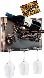 Brubaker Držiak na fľaše vína Motocykel - Nástenný umelecký obraz Kov - s 3 držiakmi na sklo - Vrátane blahoželania k darčeku s vínom