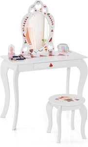 COSTWAY Dětský toaletní stolek, toaletní stolek se stoličkou, odnímatelným zrcadlem a zásuvkou, toaletní stolek ze dřeva, kosmetický stolek pro děti od 3 let, 72x36x106cm