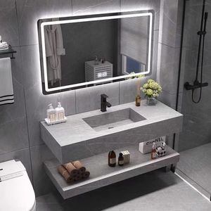 Keramik Waschbecken mit Hahnloch Ablage Waschbecken im Badezimmer set LED-Spiegel Grau 120*55cm /AMNH12/