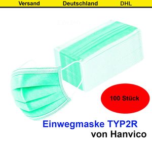 100x Hanvico OP Maske grün Atemschutzmaske medizinischer Mundschutz 3-lagig Einwegmaske Schutzmaske Mundschutzmaske TYP2R