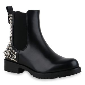 Mytrendshoe Damen Stiefeletten Chelsea Boots Leicht Gefütterte Nieten Schuhe 835819, Farbe: Schwarz, Größe: 36
