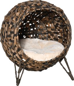 PawHut domček pre mačky z ratanu s vankúšmi Miesto na spanie pre mačky Mačacia jaskyňa s vyvýšenými nohami Hnedá Ø52 x 58 cm