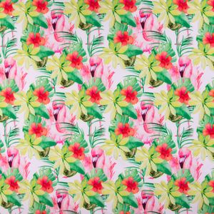 Bekleidungsstoff Softshell Digitaldruck Flamingo Blüten Blätter weiß grün pink 1,45m Breite
