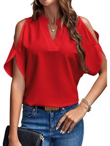 Damen T-Shirts V-Ausschnitt Freizeithemd Tunika Shirt Tops Lose Off Shoulder Bluse Rot,Größe S