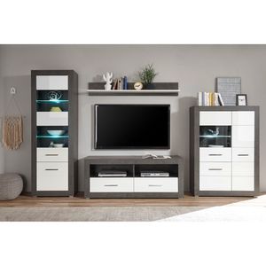 Wohnwand Set weiß Hochglanz ETON-61 mit Betonoptik dunkel inkl. LED-Beleuchtung B/H/T: 335/198/35-45cm