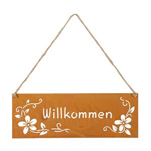 Schild Willkommen 25x9cm Außen Garten-Deko Rost Blumen Metall Türschild Wandbild