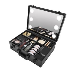 Kosmetik Organizer Box Schminkkoffer Tragebar Makeup Koffer Schmuckbox Aufbewahrungsbox mit Lichtern und Spiegel Schwarz