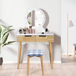 Toaletní stolek COSTWAY s LED osvětlením, kosmetický stolek se stoličkou a 2 zásuvkami, dřevěný toaletní stolek, toaletní stolek, kosmetický stolek s osvětleným zrcadlem, toaletní stolek (přírodní)