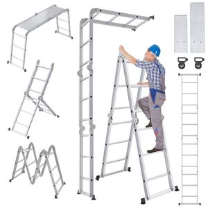 VA-Cerulean viacúčelový rebrík hliníkový s plošinou 3,4 m Multifunkčný skladací rebrík pracovný rebrík pre domácnosť do 150 kg, 12 stupňov s 2 lešenárskymi doskami