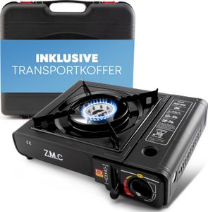 ZMC Campingkocher 1-flammig, 2,2KW + Transportkoffer, inkl. Adapter für LPG Gasflaschen, Camping Gaskocher mit Piezozündung ohne Gaskartuschen
