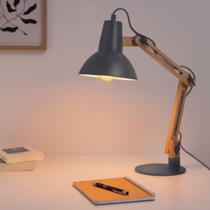 Navaris Design Holz Schreibtischlampe - E27 Fassung - mit Standfuß - Retro Tischlampe mit verstellbarem Gelenkarm - Vintage Nachttischlampe Dunkelgrau