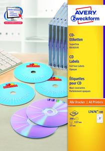 Avery Zweckform L7676-100 CD-Etiketten, Ø 117 mm, 100 Blatt/200 Etiketten, weiß