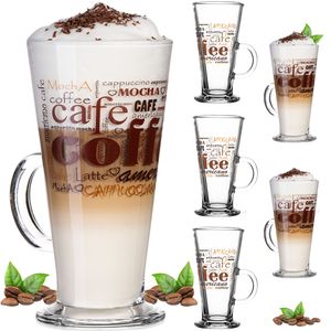 PLATINUX Kaffeegläser mit Motiv max. 280ml Set 6-Teilig aus Glas Latte Macchiato Gläser mit Griff Cappuccino Gläser