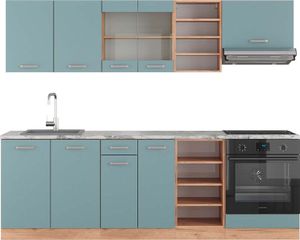 Vicco Küchenzeile R-Line, 240 cm , AP Marmor, Blau-Grau/Goldkraft Eiche