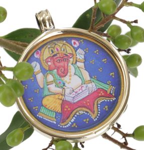 Indisches Amulett, Talisman, Medaillon - Ganesha Schreibend, Messing, Kettenanhänger, Amulette, Modeschmuck