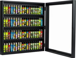 Sammlervitrine für Feuerzeuge wie z.B. Clipper in schwarz für 72 Feuerzeuge - Elegantes Holzdesign mit Acrylglas Sichtfenster