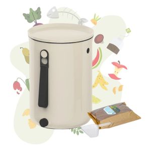 Skaza Bokashi Organko 2 | Preisgekrönter Küchenkompostbehälter aus recyceltem Kunststoff | 9.6 L | Starter Set für Küchenabfälle und Kompostierung | mit EM Bestreuung 1 kg | Creme Weiß