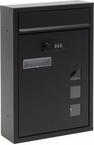 Wiltec Briefkasten schwarz 215x320x90mm Briefkasten mit Zahlenschloss, Namensschild und Sichtfenster Postkasten aus pulverbeschichtetem Stahl