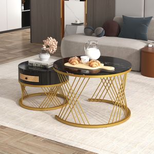 MODFU 2 in 1 Couchtische 2er set Beistelltisch Kaffeetischmit Tischplatte aus Marmor und Schubladen，goldene Eisenfüße，Schwarz+Gold，Integriertes Design