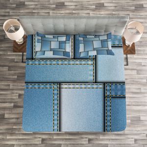 ABAKUHAUS Blau Tagesdecke Set, Denim Patchwork-Muster, Set mit Kissenbezügen Waschbar, für Einselbetten 220 x 220 cm, Blau