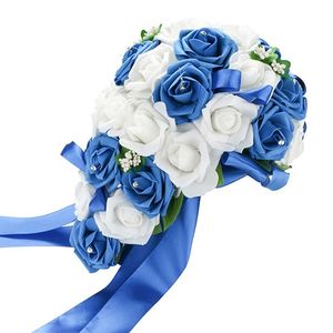 Hochzeitsstrauß Brautbrautjungfer künstlicher Schaumstoff Rose Blume Handgemachte Dekor-Weiß und Königsblau