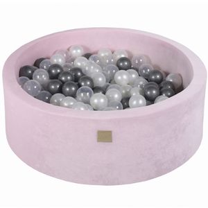 MeowBaby Bällebad 90x30 cm rund Velvet Pastel Pink mit 200 Bällen, Farbe Bälle:Silver/White Pearl/Transparent