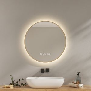 EMKE Lustro łazienkowe okrągłe LED z oświetleniem ф60cm Szczotkowana złota rama Okrągłe lustro łazienkowe z funkcją przeciwmgielną, zegarem, temperaturą, ściemnianiem, funkcją pamięci - Neutralne światło 4300K