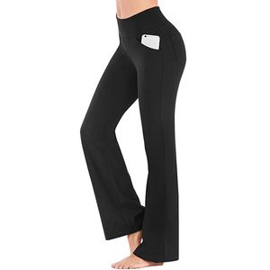 Damen Yogahosen Fitness Lang Hose Hohe Taille Sporthose mit Taschen Lange Schlaghose Schwarz,Größe:EU L