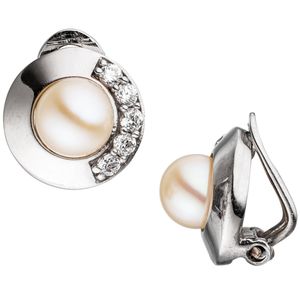 JOBO Ohrclips 925 Silber 2 Süßwasser Perlen mit Zirkonia Ohrringe Clips Perlenclips