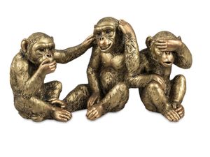 Dekofigur 3 Affen sitzend auf Sockel H. 13cm antik gold aus Kunststein Formano
