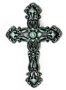 UHRIG Massives WAND KREUZ aus Eisen, Schmiedeeisen Kruzifix, 25cm hoch. Farbe: Antik Schwarz/Patinagrün