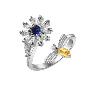 INF Zappel-Angst-Ring, Blumen-Biene, verstellbares offenes Band, mehrfarbig Silber