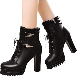 ASKSA Damen High Heels Stiefeletten Blockabsatz Ankle Boots mit Plateau, Schwarz, Größe: 36