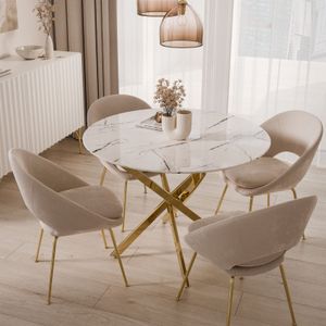 Runder Tisch CRISTAL II, 100 cm, Glasplatte Gold Chrom / Weiß Marmor ohne Stühle