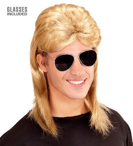 Vokuhila Männer Perücke mit Brille 80er Jahre Mullet in schwarz oder blond Blond
