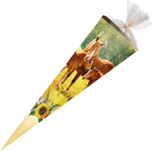 Nestler Schultüte 85cm 6-eckig Tüllverschluss mit Textilborte "Fohlenweide"