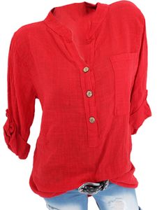 Damen Blusen Button Down Tee Casual Lose Roll Up Sommershirt V-Ausschnitte Tshirt Rot,Größe S