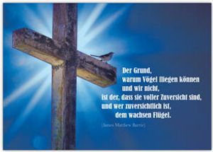 Moderne Glückwunschkarte zur Konfirmation/ Firmung mit Vögelchen und Kreuz "Der Grund, warum Vögel fliegen können.."