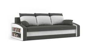 Couch HEWLET 220x90 mit REGAL LINKS und Schlaffunktion - Schlafcouch mit Bettkasten - STOFF HAITI 14 + HAITI 0 Hellgrau&Weiß