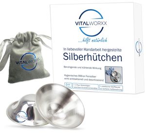 Silberhütchen (2 St.) - schnelle Hilfe bei empfindlichen Brustwarzen + sinnvolles Zubehör: 2 Paar Stilleinlagen und 1 Aufbewahrungsbeutel