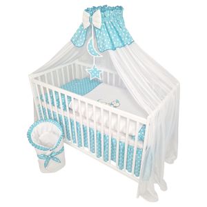 Babybettwäsche Komplettset 11 Teilig ohne Bett für Bettchen in Größe 70x140 aus 100% Baumwolle bestickt mit einem Teddybär auf Mond inkl. Moskitonetz Azurblau