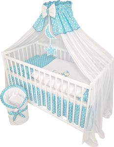 Babybettwäsche Komplettset 11 Teilig ohne Bett für Bettchen in Größe 60x120 aus 100% Baumwolle bestickt mit einem Teddybär auf Mond inkl. Moskitonetz Azurblau
