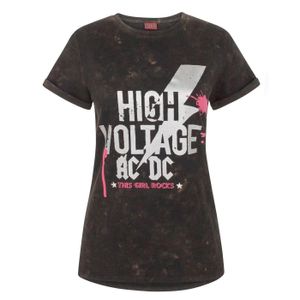 AC/DC Damen T-Shirt High Voltage, Acid Wash NS4633 (XL) (Schwarz)
