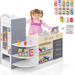 DREAMADE Kasse Kaufladen Kinder, Kaufmansladen Holz mit realistischer Kasse & Verkaufsautomat, Spiel-Supermarkt mit 15 Zubehör & Kreidetafel (Weiß)