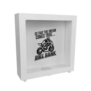 Bike Bank Rahmen Spardose aus Holz mit Spruch und Motorrad in weiß