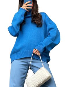 Frauen Gerippte Pullover Chic Baggy Strickpullover Strickwear Langarmpullover, Farbe: Blau, Größe: M