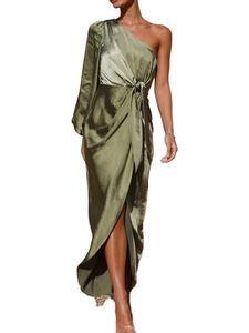 Damen Abendkleider One Shoulder Satin Kleid Elegant Long Maxi Kleider Wickelkleid Matcha -Farbe,Größe M