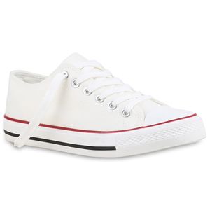 Mytrendshoe Damen Sneakers Kult Sportschuhe Stoffschuhe Freizeit Look 814414, Farbe: Weiß Beige Rotstreifen, Größe: 40