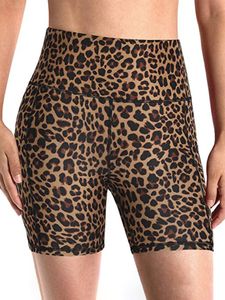 Damen Leopard Fitness Kurze Shorts mit Tasche Yoga Sporthose  Gym Hoher Taille Leggings Radhose